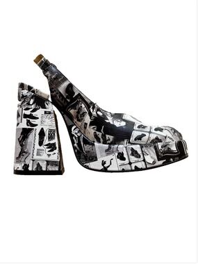 John Fluevog Ternura Newsprint Slingback Platform Heels 10